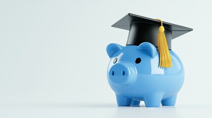 A blue piggy bank wearing a graduation hat symbolizes saving for education and celebrates academic achievement in a minimalist setting