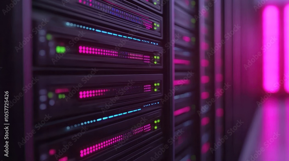 Poster advanced data center technology exploring the aesthetic of server racks with vibrant led displays in