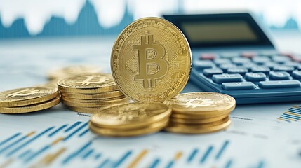 Analyzing cryptocurrency trends with Bitcoin coins and a calculator in a financial workspace