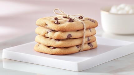Deliciously stacked chocolate chip cookies tied with twine against a soft pastel background, perfect for dessert lovers and sweet treats