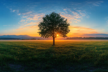 Fototapeta premium stunning sunrise with tree silhouette in a serene field