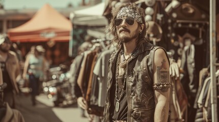 Tattooed biker in sunglasses at outdoor market with leather vest and bandana