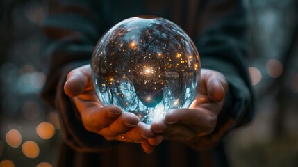 Fototapeta premium Hands Holding a Reflective Glass Sphere with Lights