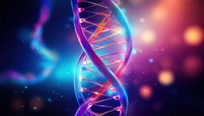 A stylized image of a DNA double helix, twisting upward with a glowing effect, set against a dark background, highlighting the intricate structure and its vibrant energy.