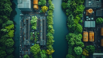 Fototapeta premium A harmonious aerial view showcasing green urban areas, a serene river, and industrial structures in a vibrant cityscape.
