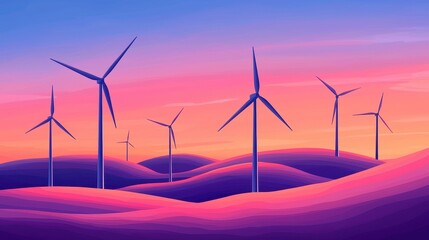 Vibrant sunset over rolling hills with wind turbines a symbol of renewable energy and nature's beauty