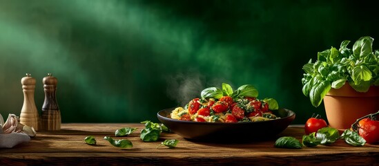 A chef prepares traditional Italian pasta against a vibrant green backdrop.
