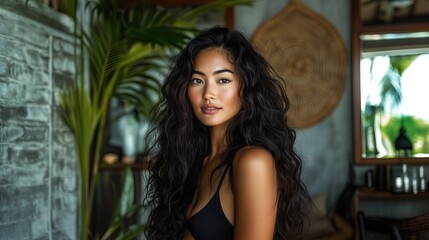 Fototapeta premium Pacific Islander Beach Wave Cut, Polynesian woman, 