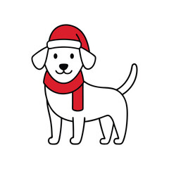Christmas Dog with Santa Hat Vector Line Art - Festive Holiday Pet Illustration