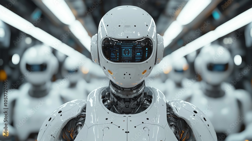 Poster a group of advanced robots in a high-tech lab, showcasing futuristic ai technology and innovation.