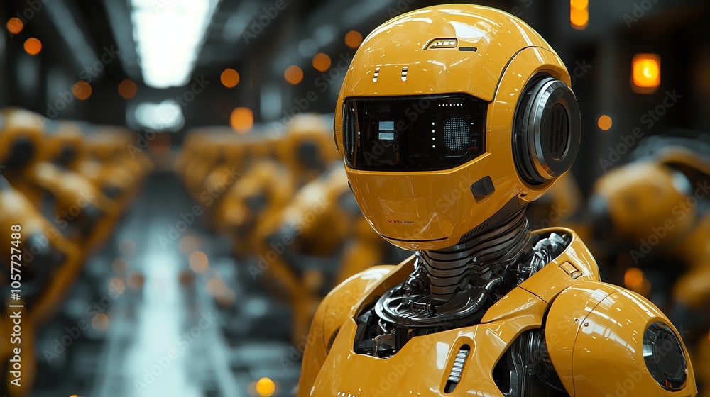Poster a futuristic robotics facility features rows of yellow humanoid robots, highlighting advanced techno