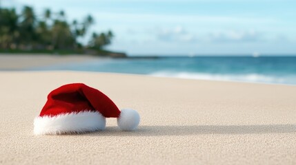 A tropical Christmas beach with palm trees, white sand, and a festive Santa hat inviting joyful summer holiday vibes