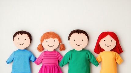 Four colorful felt dolls standing side by side on a white background.