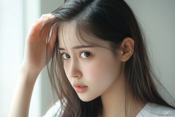 Fototapeta premium Hair loss problem, Asian woman look at scalp worry about balding, Generative AI