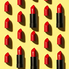 Obraz premium Bright Red Lipsticks on Pastel Yellow Background