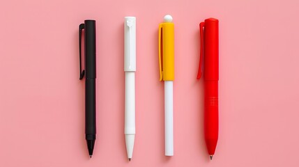 Four colorful pens in black, white, yellow, and red arranged on a pink background. Flat lay stationery composition for office and school design.