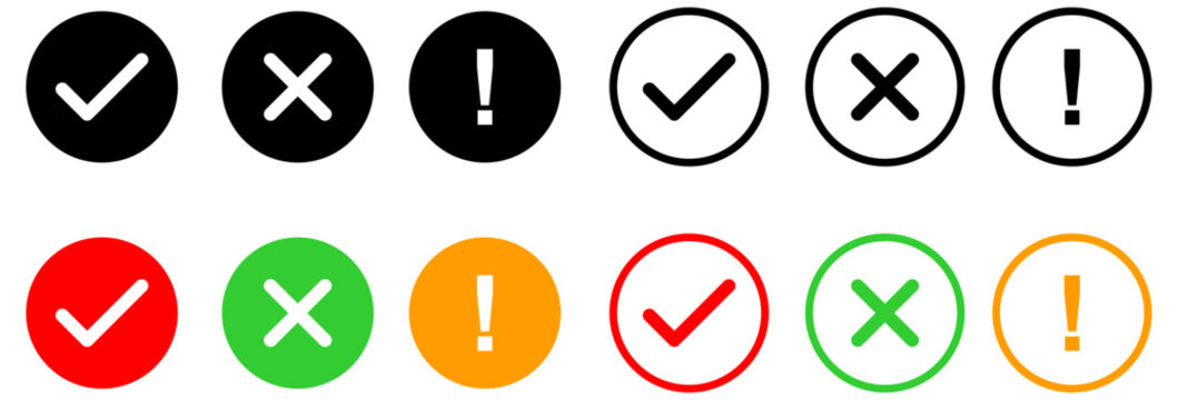 check mark icon button set. check box icon with right and wrong buttons and yes or no checkmark icons in green tick box and red cross. exclamation mark information icon.