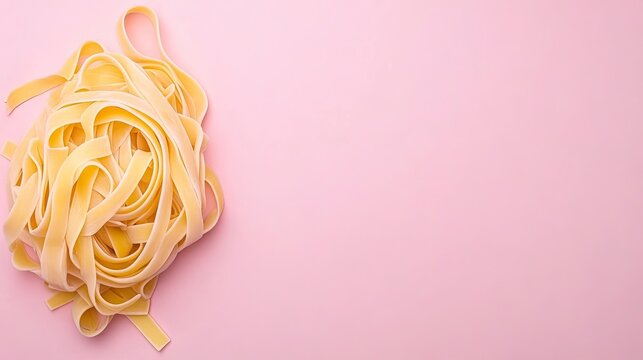 Artfully arranged fettuccine pasta on a soft pink backdrop captures the essence of culinary creativity in high-resolution photography
