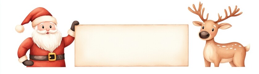 Festive Santa and reindeer with a blank sign, cheerful holiday theme.