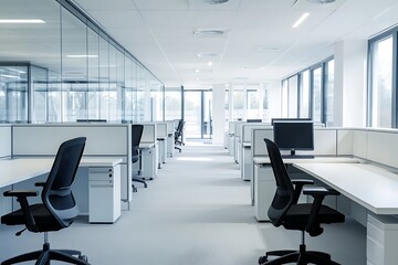 Modern Minimalistic Concrete Coworking Office room with Blank Walls, High Ceilings,and Mockup Frame