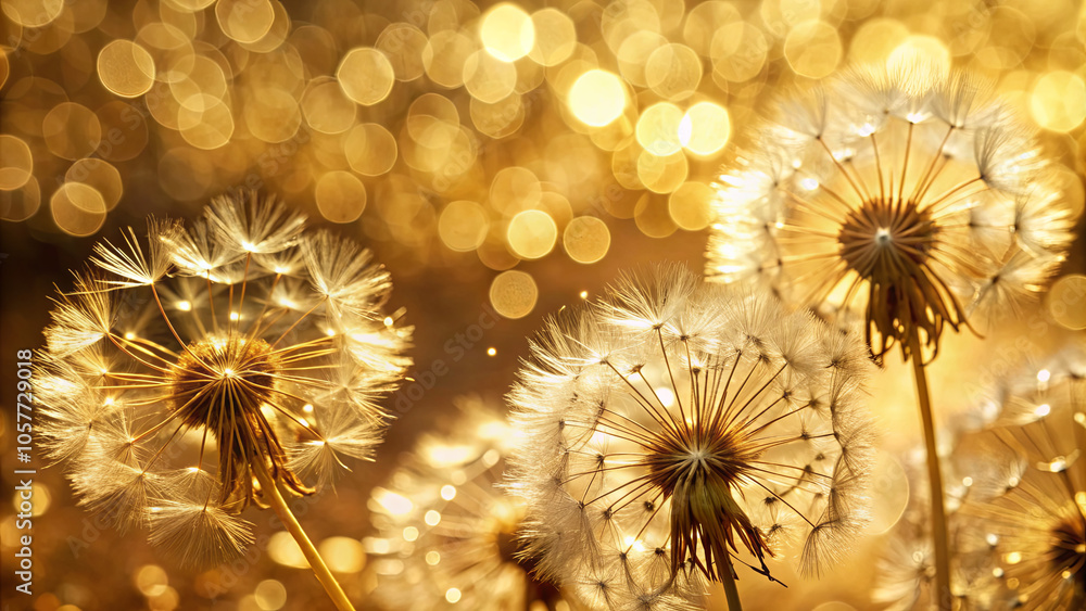 Poster delicate dandelion seeds catch the bright afternoon sunlight, creating a magical display of golden h