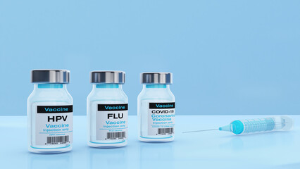 Vaccine bottle and syringe on white background,Prevent corona virus ,hpv vaccine ,3D rendering