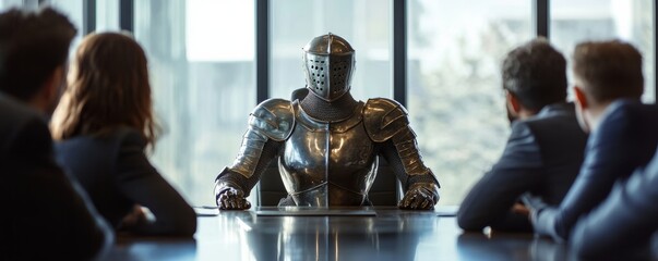 Medieval knight presiding over corporate meeting