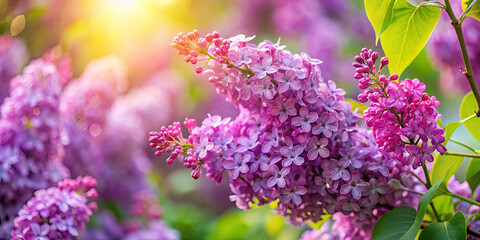 Obraz premium Clusters of lilac flowers bloom brilliantly, showcasing various shades of purple. The warm sunlight enhances their beauty, creating a tranquil atmosphere in the garden