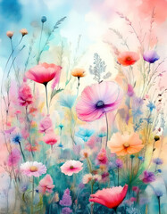 Minimalist pastel wildflowers, gently arranged, with soft hues of pink, lavender, and yellow on a light, neutral background.