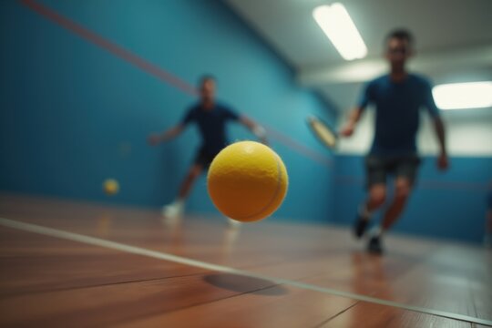 Indoor squash game action with players in motion focusing on yellow ball for sports enthusiasts and athletic concepts.