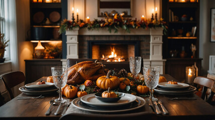 A cozy living room with a Thanksgiving theme, featuring a warm fireplace, autumnal wreaths, and a dining table in the background set for dinner