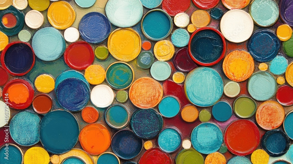 Poster colorful circles in various sizes form a creative, abstract background, adding a modern and playful 