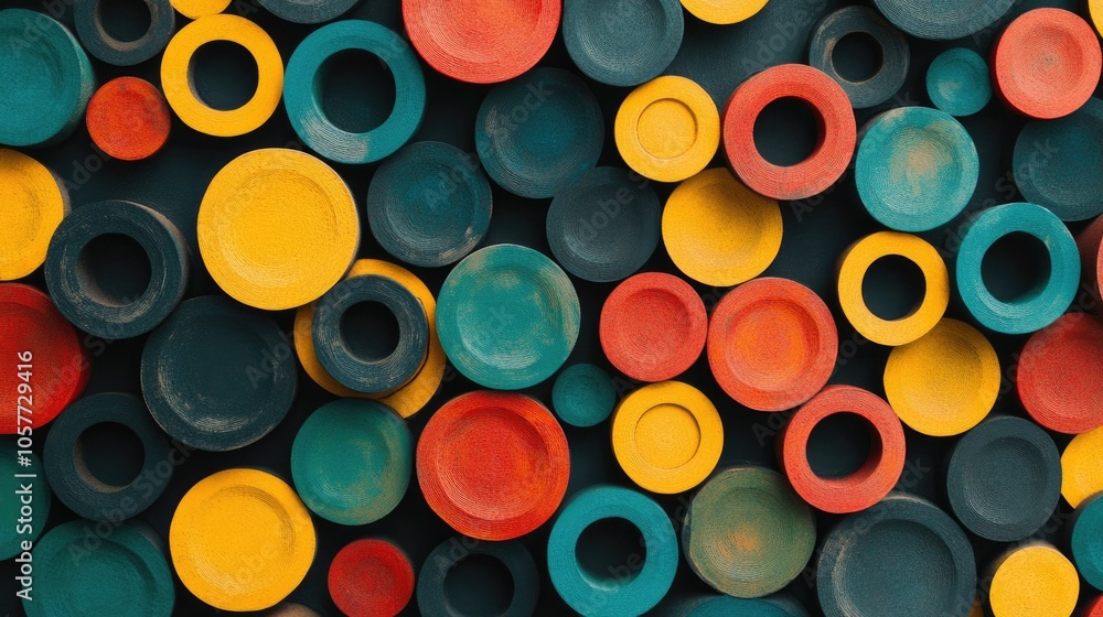 Poster colorful circles in various sizes form a creative, abstract background, adding a modern and playful 