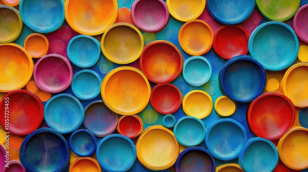 Poster colorful circles in various sizes form a creative, abstract background, adding a modern and playful 
