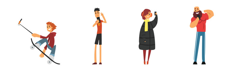 Fototapeta premium People Character Take Selfie Photo with Their Smartphone Camera Vector Set