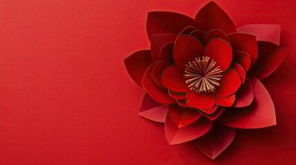 Detailed red paper flower on a monochrome red background, perfect for bold, creative projects needing a touch of color.