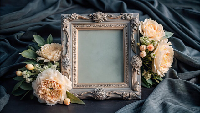 A vintage frame adorned with intricate details is surrounded by beautiful flowers arranged on soft, dark fabric. This setup is ideal for showcasing memories or enhancing decor