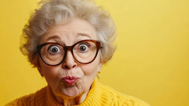 A senior woman with eyeglasses playfully poses, showcasing her attention and surprise on bright yellow studio backdrop