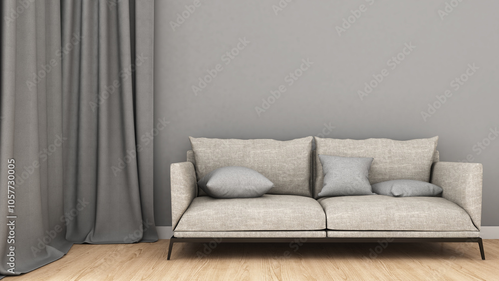 Poster gray wall with wooden floor and sofa.,a mockup for inserting text or images.,3d rendering