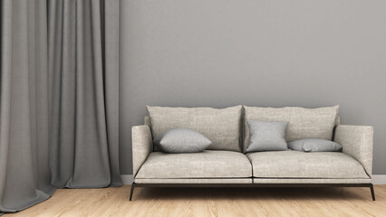 gray wall with wooden floor and sofa.,A mockup for inserting text or images.,3d rendering