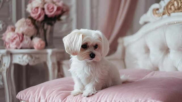 A small white Maltese dog with a stylish hairstyle poses on a cozy cushion in a beautifully decorated room filled with flowers