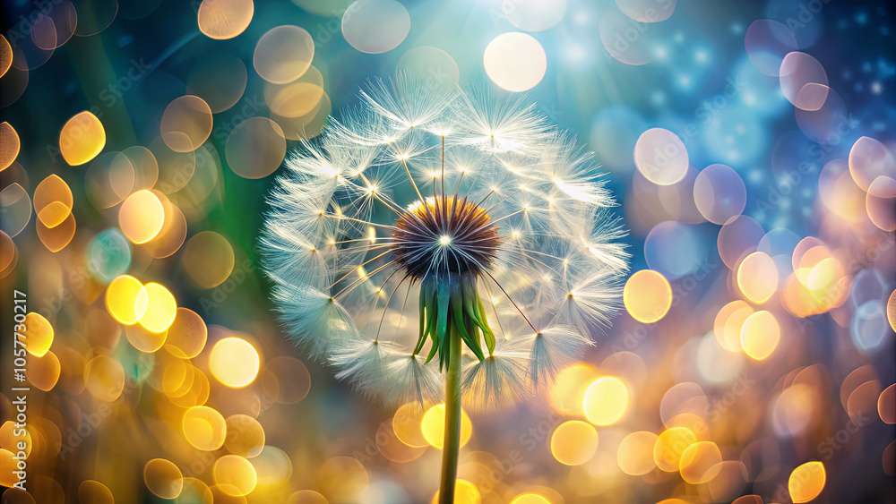 Poster delicate dandelion seeds catch the light, shimmering softly against a backdrop of colorful bokeh. th