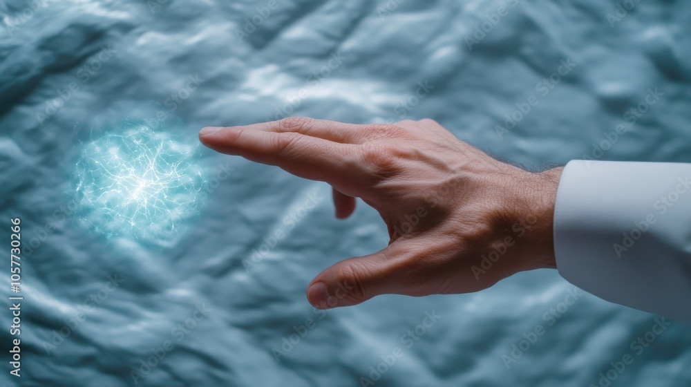 Poster closeup of hand interacting with ethereal light source