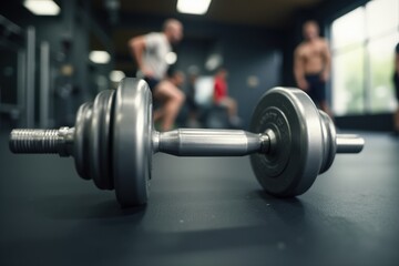 Fitness motivation in a gym setting with close-up of dumbbells.