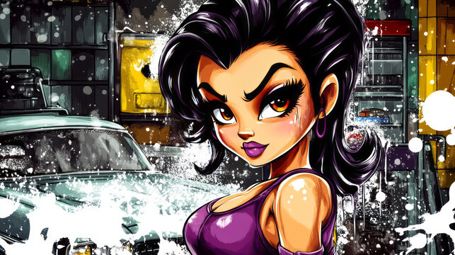 woman in car wash or garage - poster or banner
