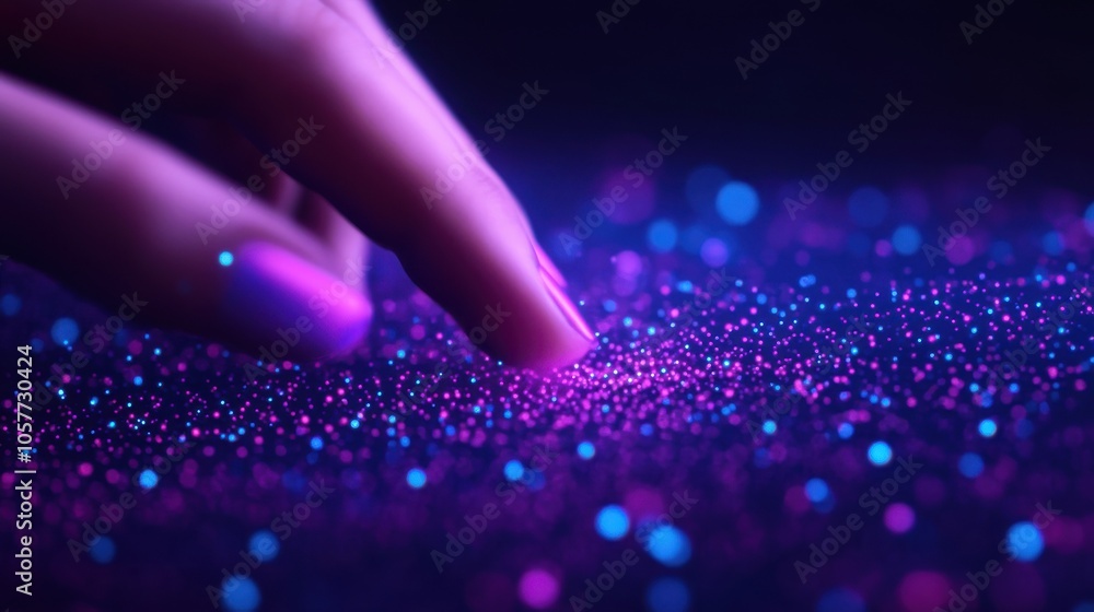 Poster abstract close-up of a hand interacting with sparkling particles