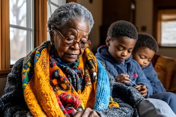African American grandmother knitting colorful scarf with grandchildren beside her, wrapped in blankets on winter day