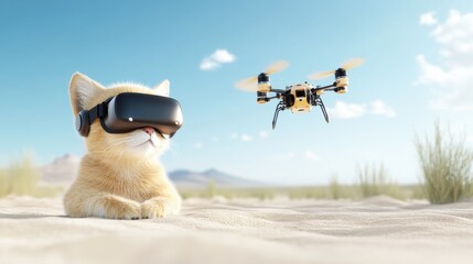 A fluffy cat wearing VR goggles gazes curiously at a flying drone against a bright, sandy backdrop.