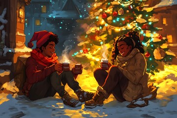 Interracial couple relaxing by Christmas tree, exchanging small gifts and drinking hot cocoa in peaceful holiday ambiance