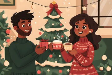 Interracial couple relaxing by Christmas tree, exchanging small gifts and drinking hot cocoa in peaceful holiday ambiance